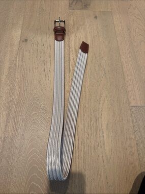 Ghost Golf Men's Stretch Woven Belt with Brown Leather Trim - cream/tan color